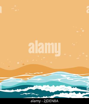 Summer beach landscape with sea waves and sand. Foamy waves runs over the sandy shore top view. Hand drawn background. Vector illustration. Stock Vector