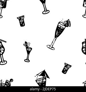 Pattern with cocktails. Drinks with ice, fruits, berries, alcohol on a white background. Stock Vector