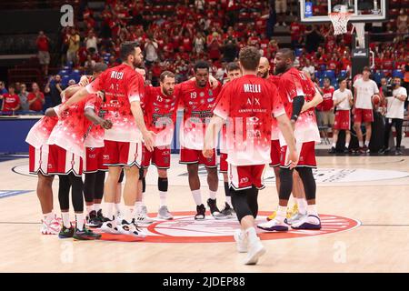 Milan, Italy. 18th June, 2022. Italy, Milan, june 18 2022: A|X Armani Milan's team enter the field for warm up during basketball game A|X Armani Exchange Milan vs Virtus Bologna, Final game6 LBA 2021-2022 at Mediolanum Forum (Credit Image: © Fabrizio Andrea Bertani/Pacific Press via ZUMA Press Wire) Stock Photo