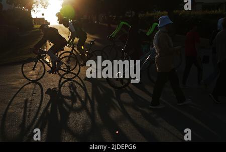 Cyclists in Motala, during the world’s largest recreational bike ride, Vätternrundan, Sweden, on Friday. Vätternrundan is one of the world's largest exercise races by bicycle and this year 16,000 cyclists have registered to cycle the 315 km long race around lake Vättern. Stock Photo