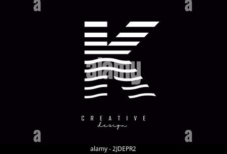 Letter K logo design with white straight and zig zag lines. Vector illustration with wavy lines. Stock Vector