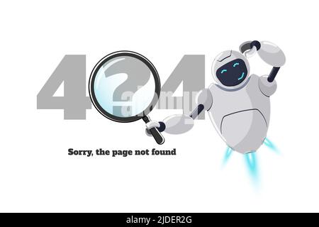 Website page not found error 404. Worried robot character with magnifying glass in hand. Site crash on technical work EPS web design template with chatbot mascot. Cartoon online bot assistance failure Stock Vector