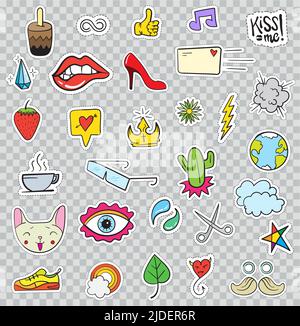 Set of Patches Elements like Flower, Heart, Crown, Cloud, Lips, Mail, Diamond, Eyes. Hand Drawn Vector. Cute Fashionable Stickers Collection. Doodle P Stock Vector