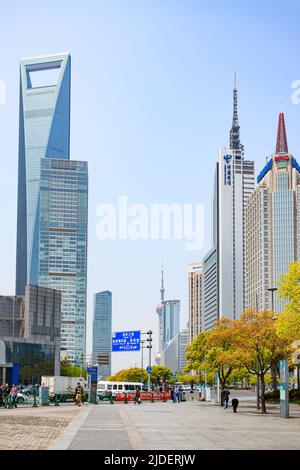 Shanghai, China - April 14, 2014: View of street in the Pudong New Area in Shanghai. Cityscape Stock Photo