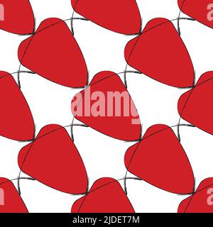 Abstract heart rhythm seamless vector pattern. Brush stroke fine painterly background. Diagonal cardiogram backdrop with red hearts black white line Stock Vector