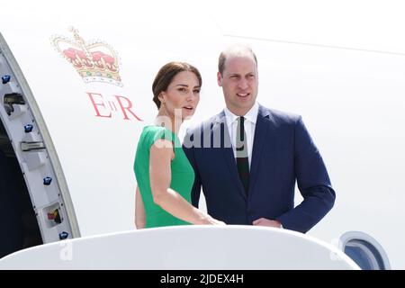 File photo dated 24/3/2022 of the Duke and Duchess of Cambridge stand on the steps of the plane as they depart Norman Manley International Airport, in Jamaica, to head to the Bahamas on day six of their tour of the Caribbean on behalf of the Queen to mark her Platinum Jubilee. The Duke of Cambridge celebrates his 40th birthday on Tuesday. The Duke of Cambridge celebrates his 40th birthday on Tuesday. Issue date: Monday June 20, 2022. Stock Photo