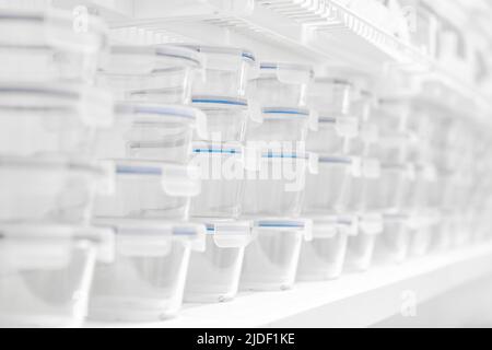 Reusable food containers. Containers for storing food. Responsible use of resources. Transparent plastic food storage containers. Stock Photo