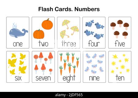 Number learning printable flash cards, educational English worksheet for kids, nursery, kindergarten, pre-school or leisure activity, teachers resources, games Stock Vector