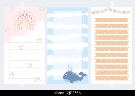Kids blank printable notes set vector illustration, flat style images decorated with cute pattern for children stationery, organizer, timetable, to do list Stock Vector