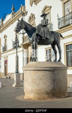 Countess Of Barcelona (Condesa De Barcelona), Equestrian Statue Outside Seville Bullring Real Maestranza, Princess Maria Mercedes of Bourbon-Two Sicil Stock Photo