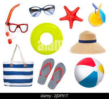 Set of items for rest on beach on white background Stock Photo - Alamy