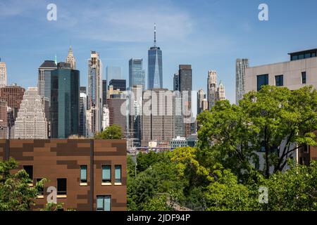 Lower Manhattan skyscrapers viewed from Brooklyn Heights Promenade in New York City, United States of America Stock Photo