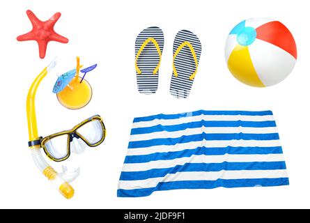 Summer objects collage,beach items set isolated. Holiday vocation symbol. Stock Photo
