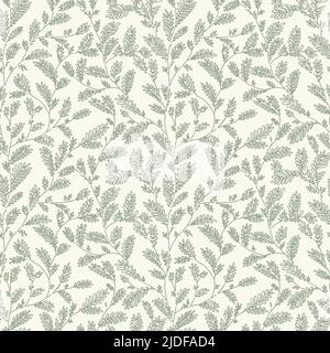 Seamless vector green sage color line leaf and twig pattern on beige background. Hand drawn floral botanical wallpaper. Stock Vector