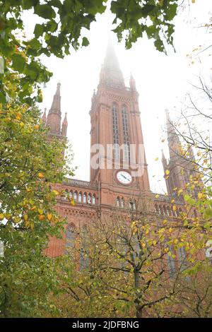 View of Marktkirche in autumn with fog, Wiesbaden, Hesse, Germany Stock Photo