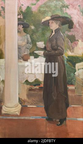 Joaquin Sorolla y Bastida (1863-1923). Having Tea in the House Garden (Tomando el te en el jardin de casa). 1918. Oil on canvas. 199,50 x 120 cm.   Jo Stock Photo
