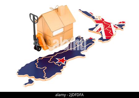 Residential moving service in New Zealand, concept. Hydraulic hand pallet truck with cardboard house parcel on New Zealand map, 3D rendering isolated Stock Photo