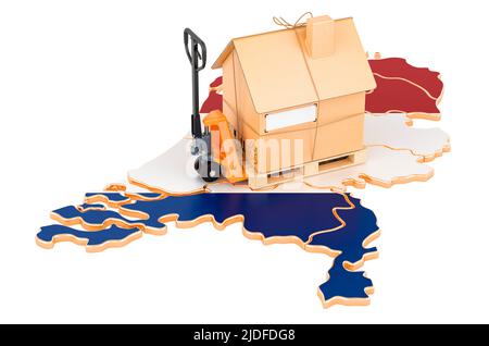 Residential moving service in the Netherlands, concept. Hydraulic hand pallet truck with cardboard house parcel on the Netherlands map, 3D rendering i Stock Photo