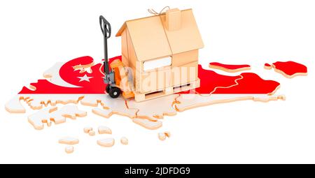 Residential moving service in Singapor, concept. Hydraulic hand pallet truck with cardboard house parcel on Singaporean map, 3D rendering isolated on Stock Photo