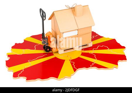 Residential moving service in Macedonia, concept. Hydraulic hand pallet truck with cardboard house parcel on Macedonian map, 3D rendering isolated on Stock Photo