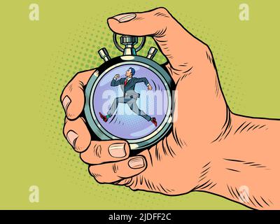 businessman running late sports stopwatch, speed meter. Time clock arrows are an accurate instrument. Run Pop art retro vector illustration comic cari Stock Vector
