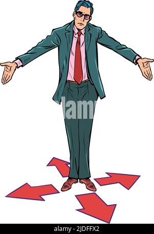game character control right left forward back. Businessman at the fork. difficult decision. Pop art retro vector illustration kitsch vintage 50s 60s Stock Vector