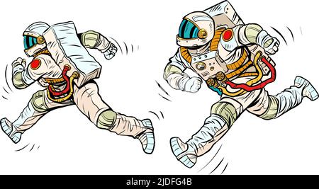 astronauts are running, a space race. Sports and a healthy lifestyle. People in spacesuits. Pop Art Retro Vector Illustration Kitsch Vintage 50s 60s S Stock Vector