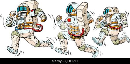 astronauts are running, a space race. Sports and a healthy lifestyle. People in spacesuits. Pop Art Retro Vector Illustration Kitsch Vintage 50s 60s S Stock Vector