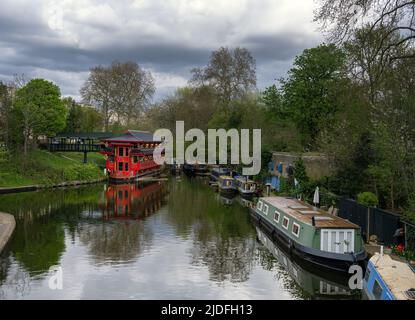 Narrowboats on Regent's canal on a cloudy spring afternoon, London, England Stock Photo