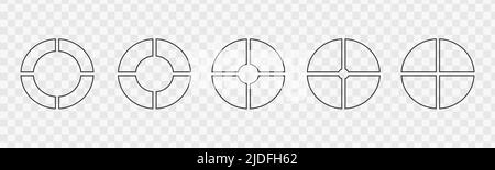 Graphic donut charts divided on 4 equal parts. Set of infographic wheels segmented in four fractions. Circle diagrams or loading bars isolated on transparent background. Vector outline illustration Stock Vector