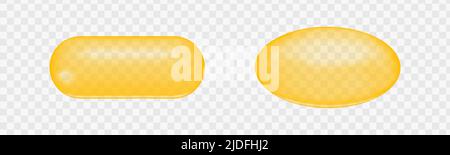Golden capsules of fish oil, collagen, vitamin A or E, omega fatty acid food supplement isolated on transparent background. Vector realistic illustration Stock Vector