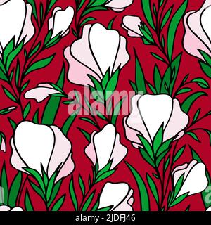 seamless pattern of large white and pink flower buds on a red background, bright floral texture, design Stock Vector