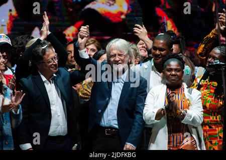 President Elect Gustavo Petro (Left) celebrates with politician Antanas Mockus (Center) and Vice-president elect Francia Marquez (Right) during the ca Stock Photo