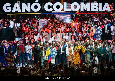 President Elect Gustavo Petro celebrates with his wife and Vice-president elect Francia Marquez during the campaign celebration of Gustavo Petro who w Stock Photo