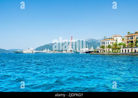 Picturesque waterfront in Tivat on the shore of the Bay of Kotor - Boka Bay, Montenegro Stock Photo