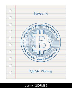 Bitcoin symbol, crypto currency icon, realistic sheet of lined paper from a notebook, paper ripped from a block with holes vector Stock Vector