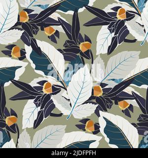 Vector floral seamless pattern. Illustration with leaves and buds isolated on an olive colored background. Stock Vector