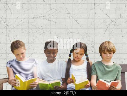 Group of diverse students reading books against textured white lined paper background Stock Photo