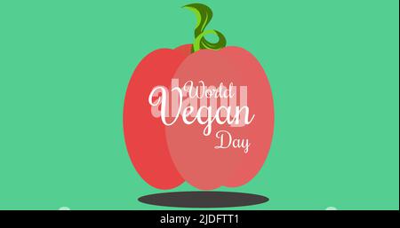 Image of illustration of world vegan day text in white on red apple, over green background Stock Photo