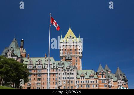 Canadian Flag and Chateau Frontenac, Old Quebec City, Quebec, Canada. Stock Photo