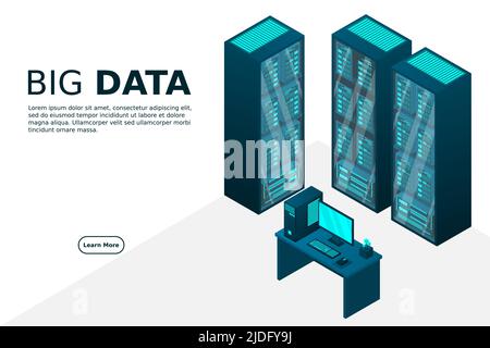 Web hosting and big data processing, server room rack. Concept of data center isometric. Stock Vector