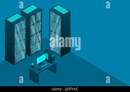 Web hosting and big data processing, server room rack. Concept of data center isometric. Stock Vector