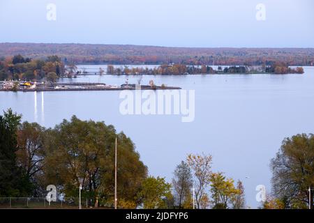 Looking towards Bellevue Park and Bellevue Marina in Sault Ste. Marie, Ontario, Canada at dusk. Stock Photo