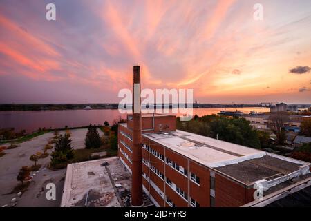 Sunset over Sault Ste. Marie in both Canada and the USA and the St Marys River. Stock Photo