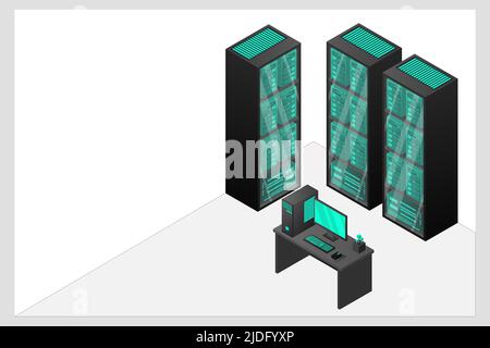 Web hosting and big data processing, server room rack. Concept of data center isometric. Stock Vector