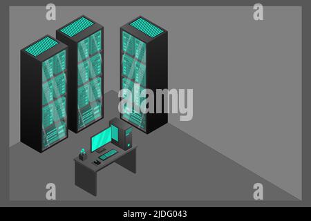 Web hosting and big data processing, server room rack. Concept of data center isometric. Stock Vector
