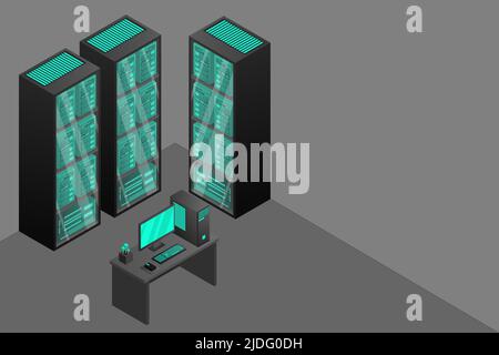 Web hosting and big data processing, server room rack. Concept of data center isometric. Stock Vector