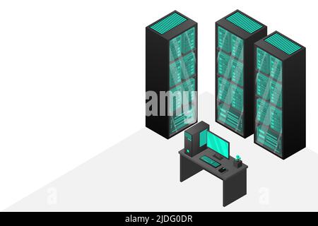 Web hosting and big data processing, server room rack. Concept of data center isometric. Stock Vector