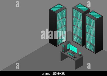 Web hosting and big data processing, server room rack. Concept of data center isometric. Stock Vector