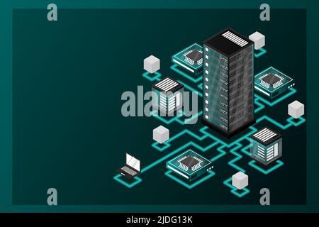 Concept of data network management .Vector isometric map with business networking servers computers and devices.Cloud storage data and synchronization Stock Vector